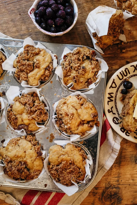 Sourdough Blueberry Muffins with Cinnamon Pecan Streusel